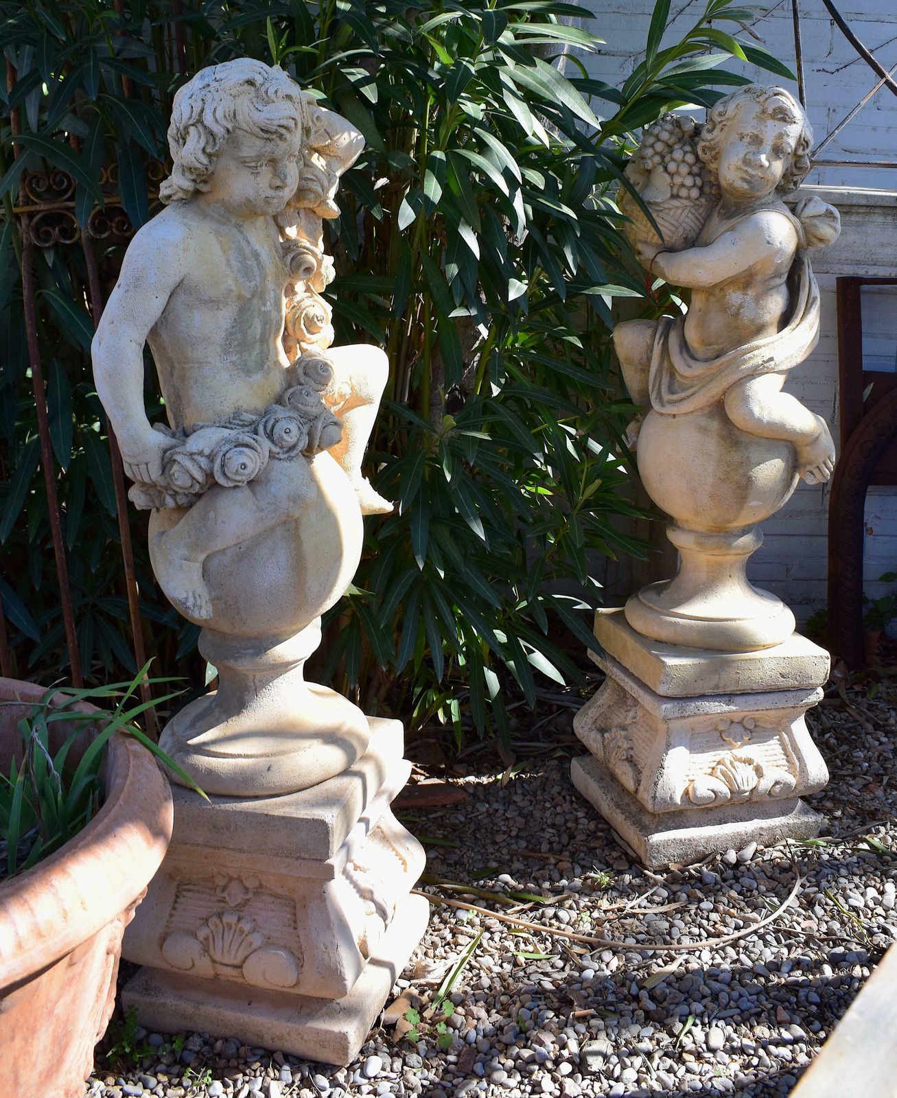 Pair Of 20th Century Garden Cherubs On Square Plinths photo for sale