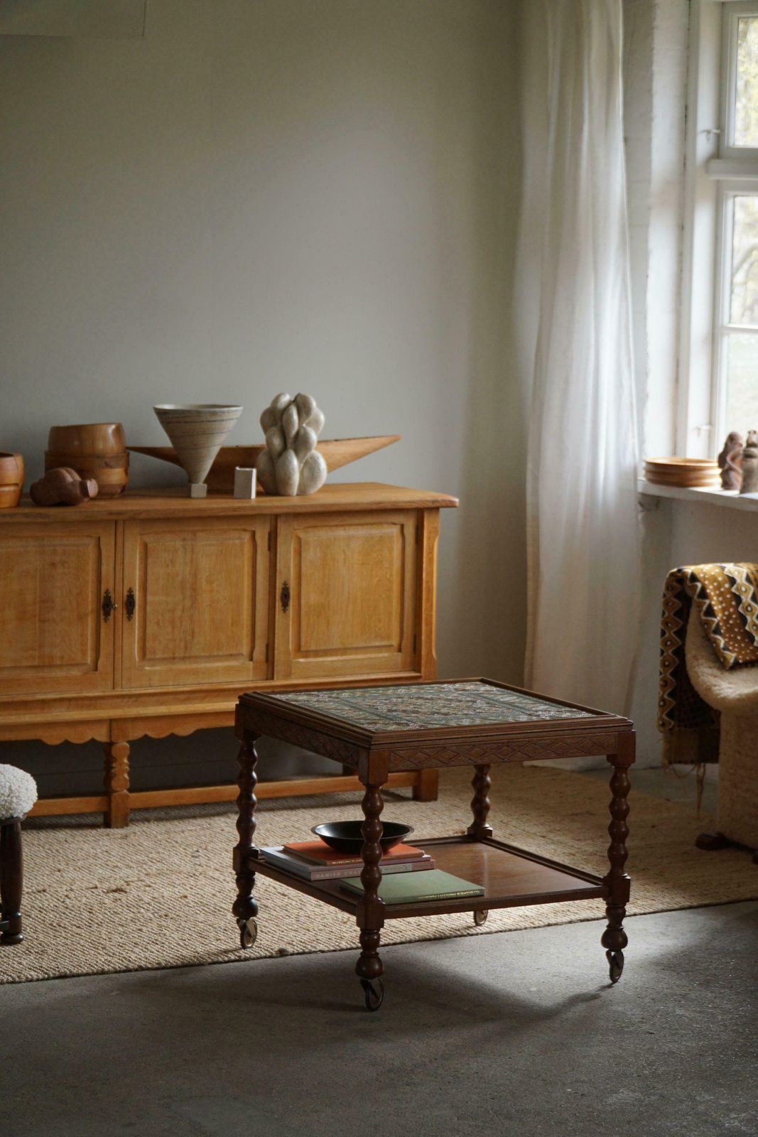 Danish Modern, Serving Table With Bobbin Turned Legs & Colorful Tiles, 1950s photo vintage