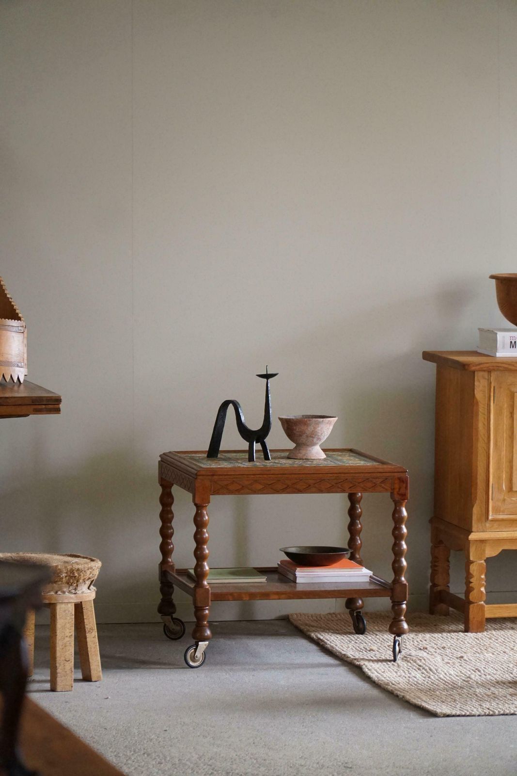 photo furniture Danish Modern, Serving Table With Bobbin Turned Legs & Colorful Tiles, 1950s