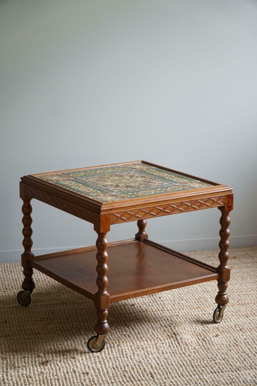 photo for sale Danish Modern, Serving Table With Bobbin Turned Legs & Colorful Tiles, 1950s