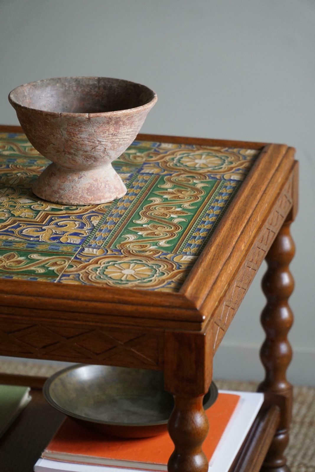 1020.0 Danish Modern, Serving Table With Bobbin Turned Legs & Colorful Tiles, 1950s photo