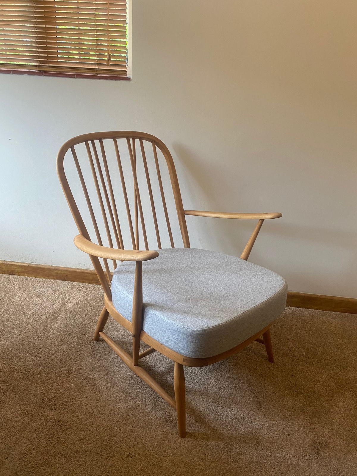 Vintage Ercol 335 Armchair With Pebble Grey Wool Cushions photo vintage
