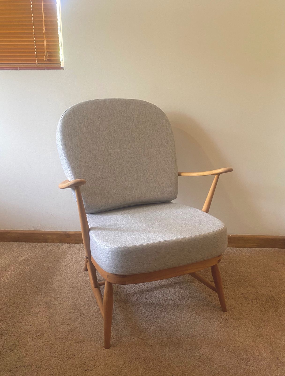 photo for sale Vintage Ercol 335 Armchair With Pebble Grey Wool Cushions