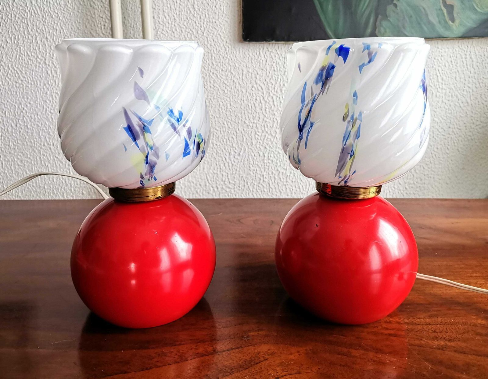 Pair Of Vintage Painted Bedside Lamps / Glass & Metal Table Lamp With Round Base / 60s 70s Yugoslavia / Mid Century Modern Lights