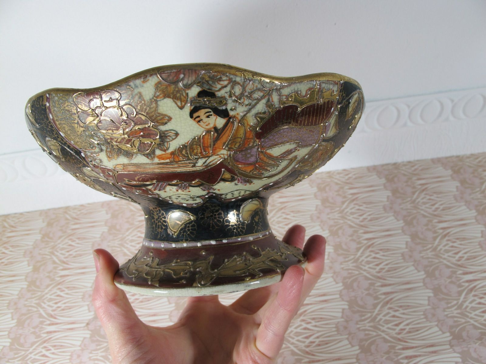 Antique Highly Decorated Raised Bowl. Ceramic Dish With Raised Gold Detailing. Plenty Of Age And Character.