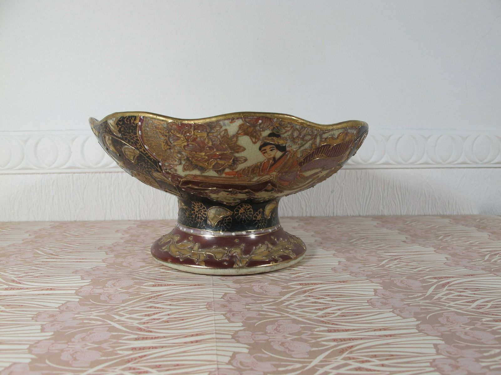 Antique Highly Decorated Raised Bowl. Ceramic Dish With Raised Gold Detailing. Plenty Of Age And Character. photo 55.0