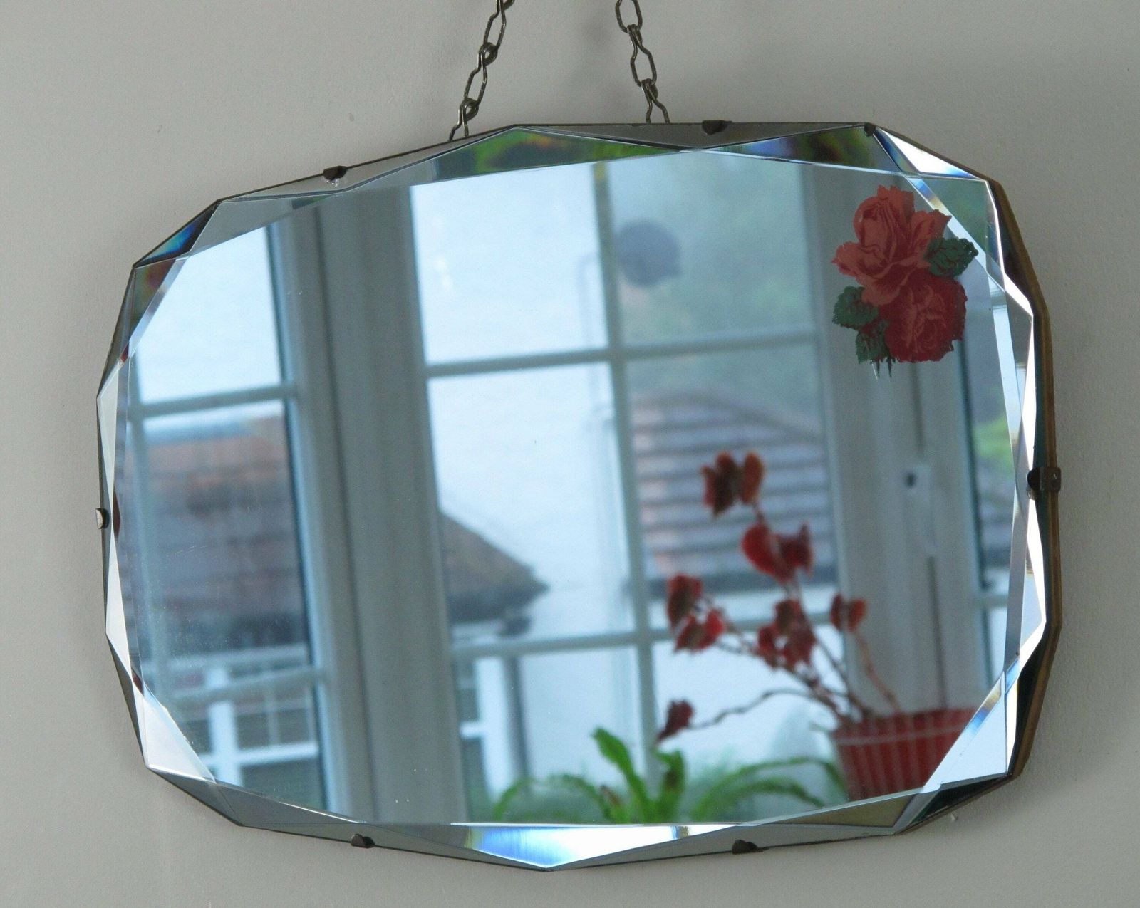 Art Deco Mirror. 14 Sided With Fancy Bevelled Edge And Rose Motif. Ready To Hang On Original Visible Chain.