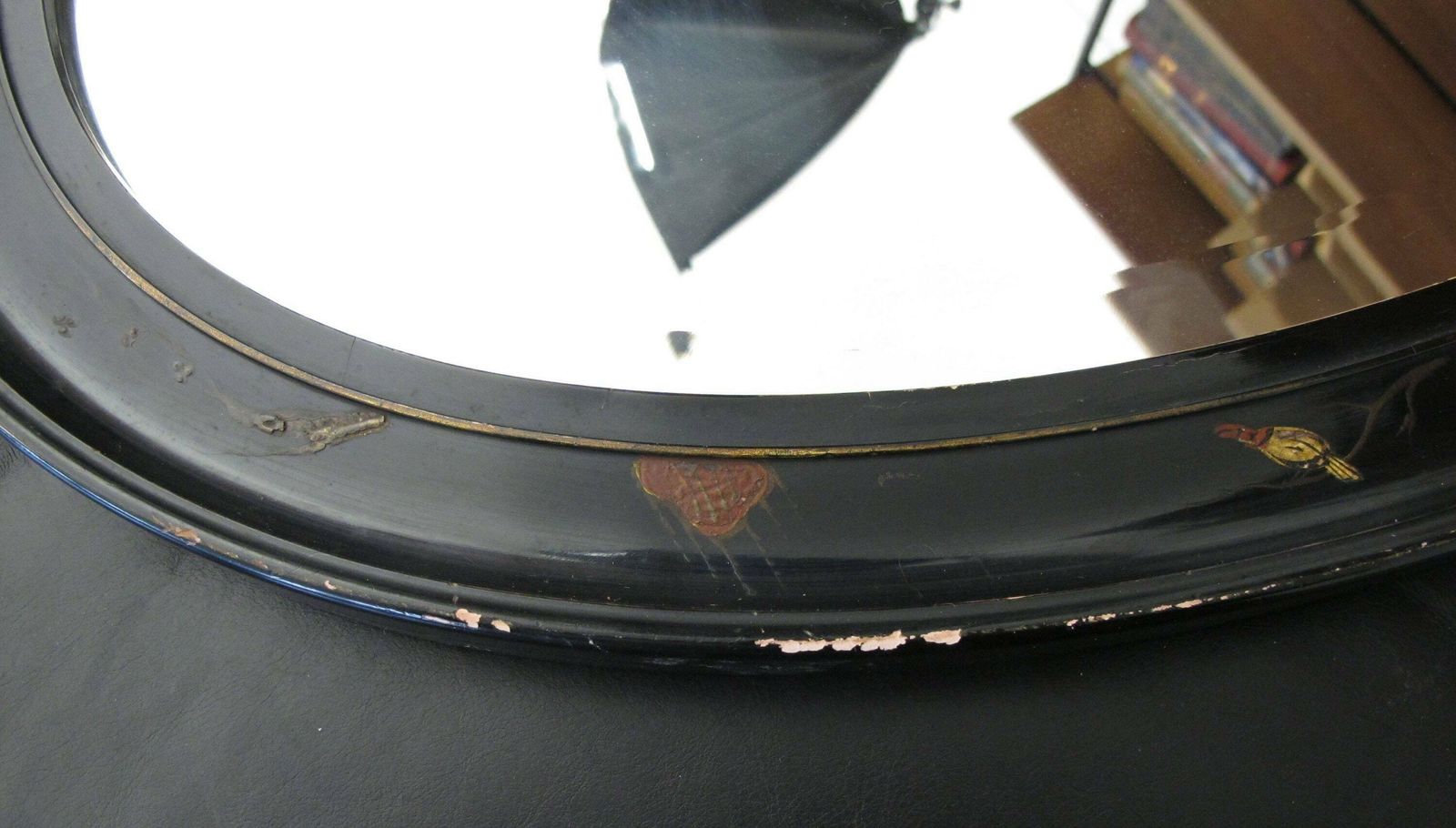 Victorian Chinoiserie Lacquered Wall Mirror. Large, Oval With Deep Bevelled Edge. Ready To Hang On New Chain photo vintage