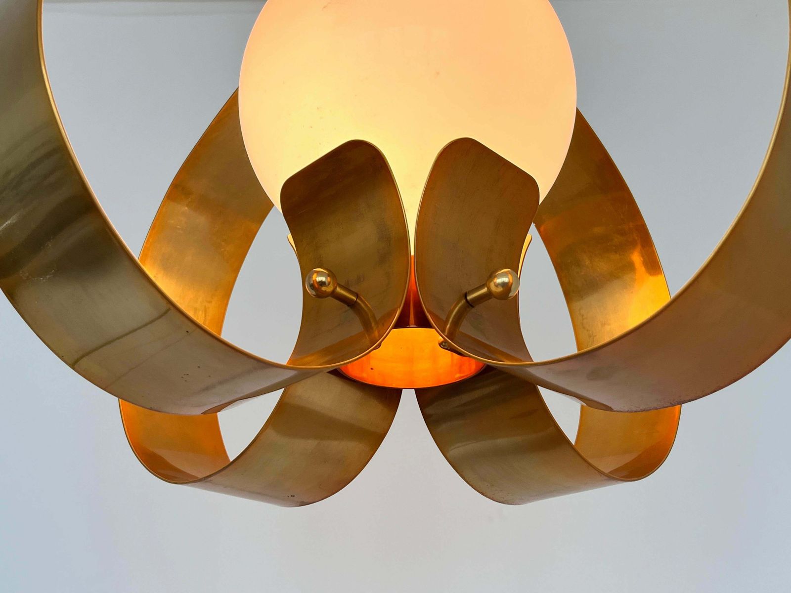 photo for sale Xxl Pair Of Design Mid Century Large Brass Pendants Chandeliers 1980s
