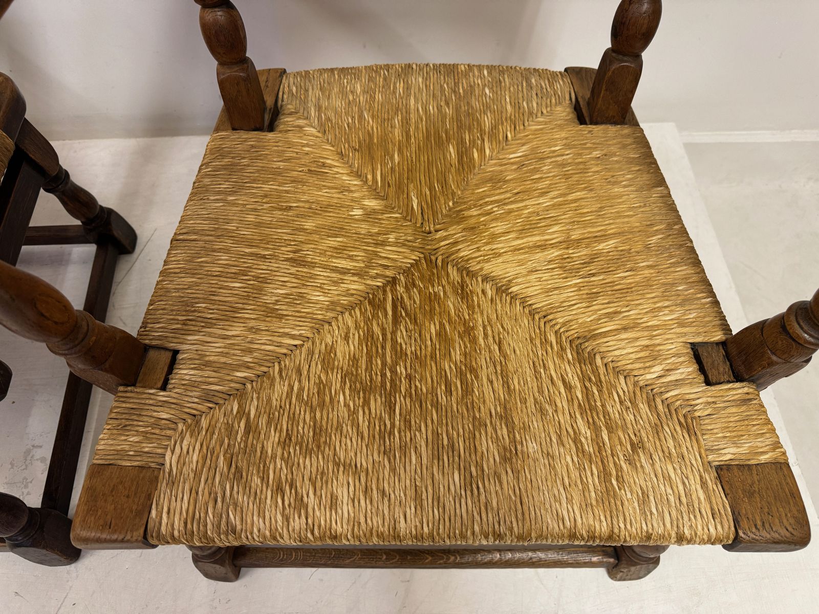 Furniture Set Of Three Oak Armchairs With Rush And Leather Seats photo