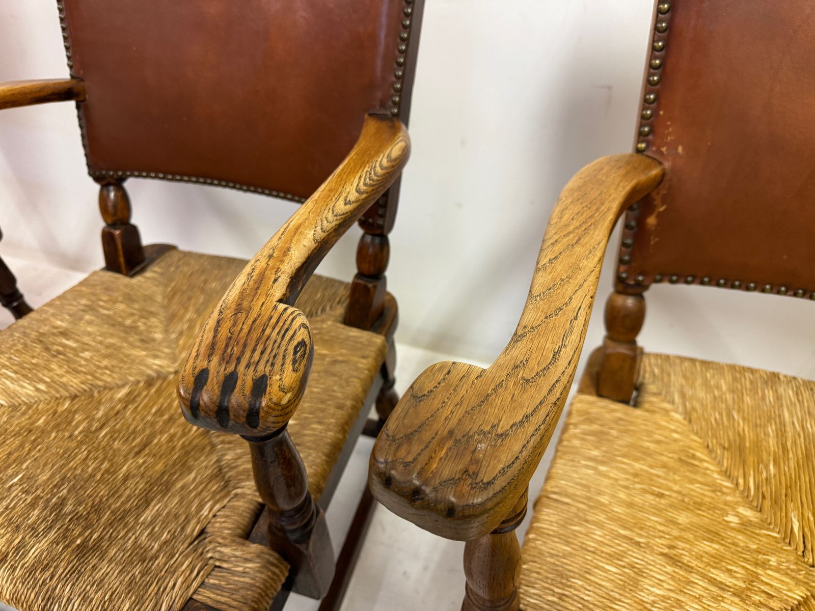 photo buy Set Of Three Oak Armchairs With Rush And Leather Seats