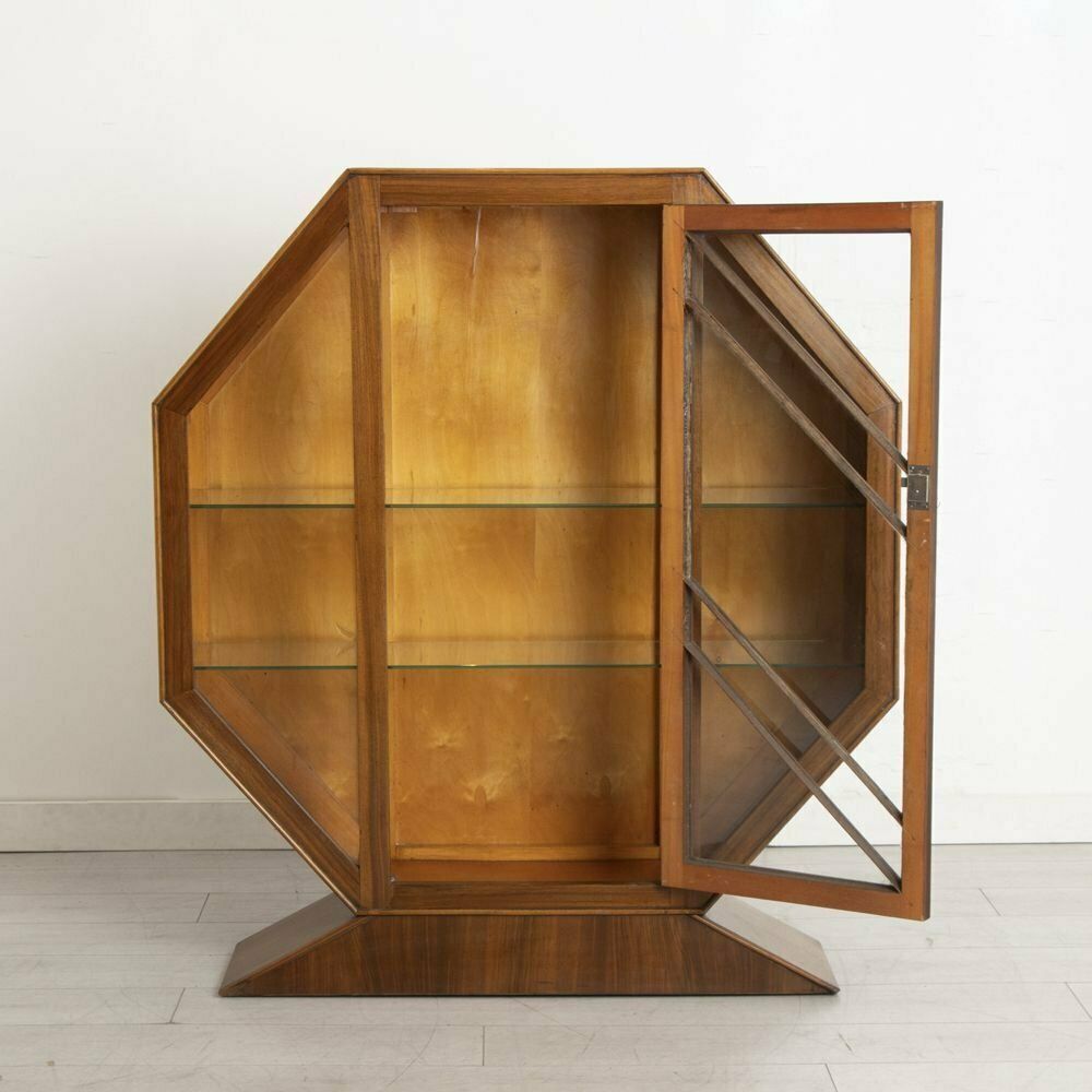 Art Deco Octagonal Display Cabinet Bookcase In Walnut, British C.1930 photo furniture