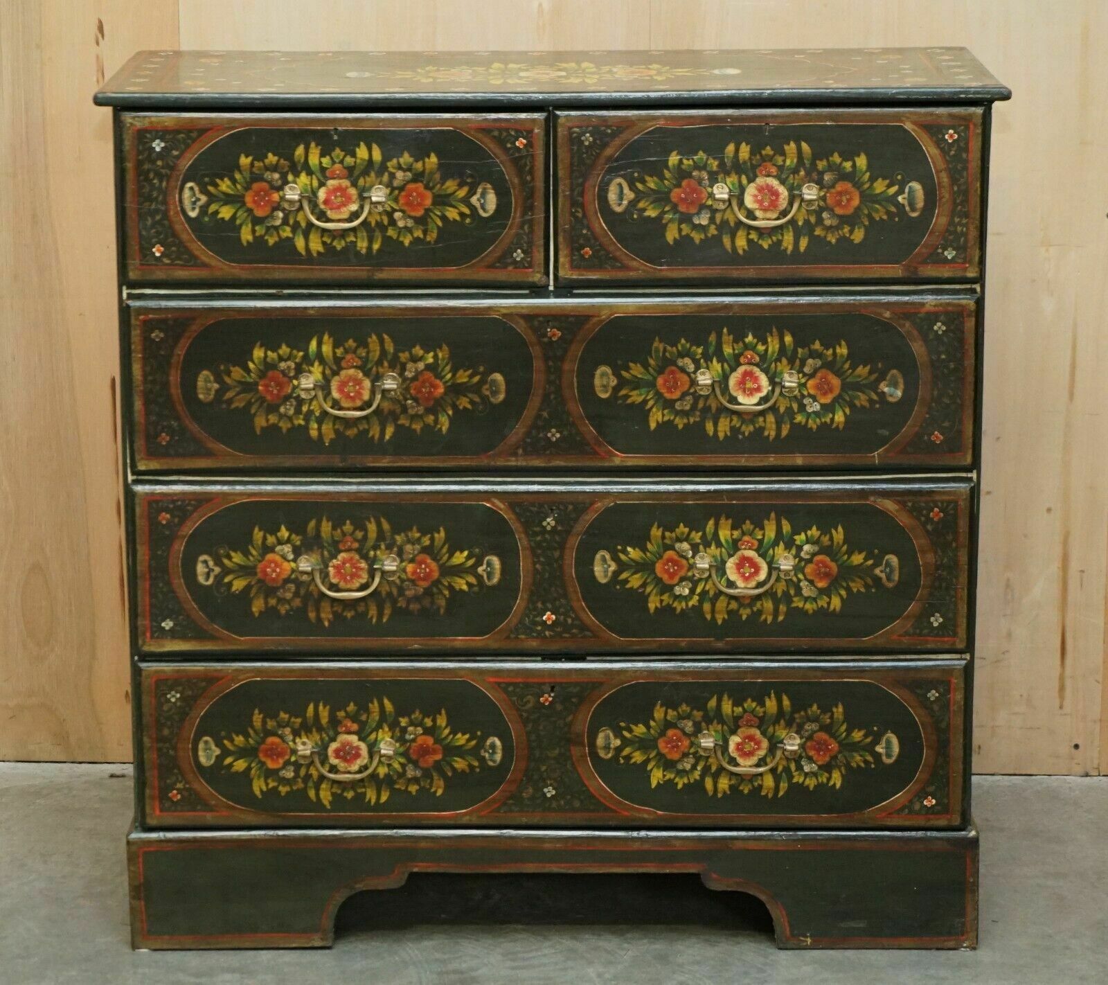 Antique Swedish Hand Painted Green Floral Two Over Three Chest Of Drawers photo for sale
