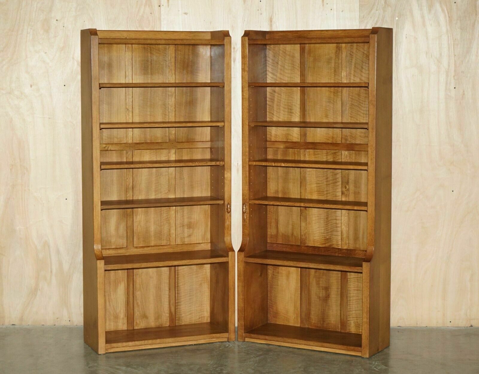 Pair Of Vintage Robert Mouseman Thompson English Oak Carved Library Bookcases photo furniture