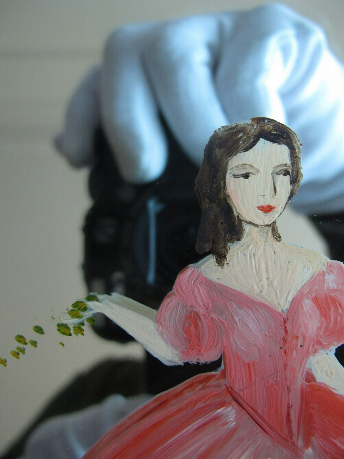 Fabulous Painted Crinoline Lady, Bevelled Edge, Frameless Art Deco Mirror. Ready To Hang On New Chain. photo vinterior