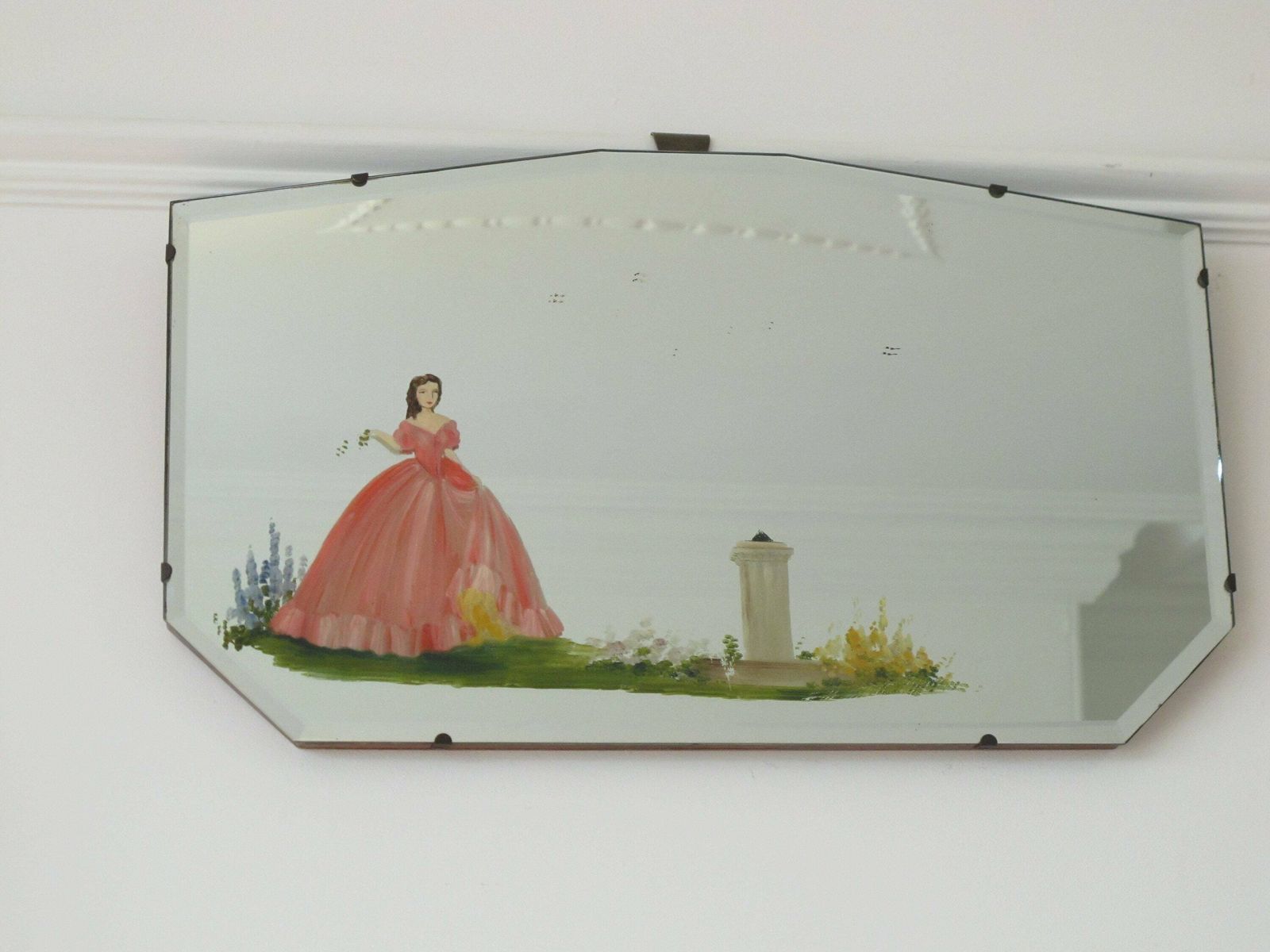 Fabulous Painted Crinoline Lady, Bevelled Edge, Frameless Art Deco Mirror. Ready To Hang On New Chain. photo buy