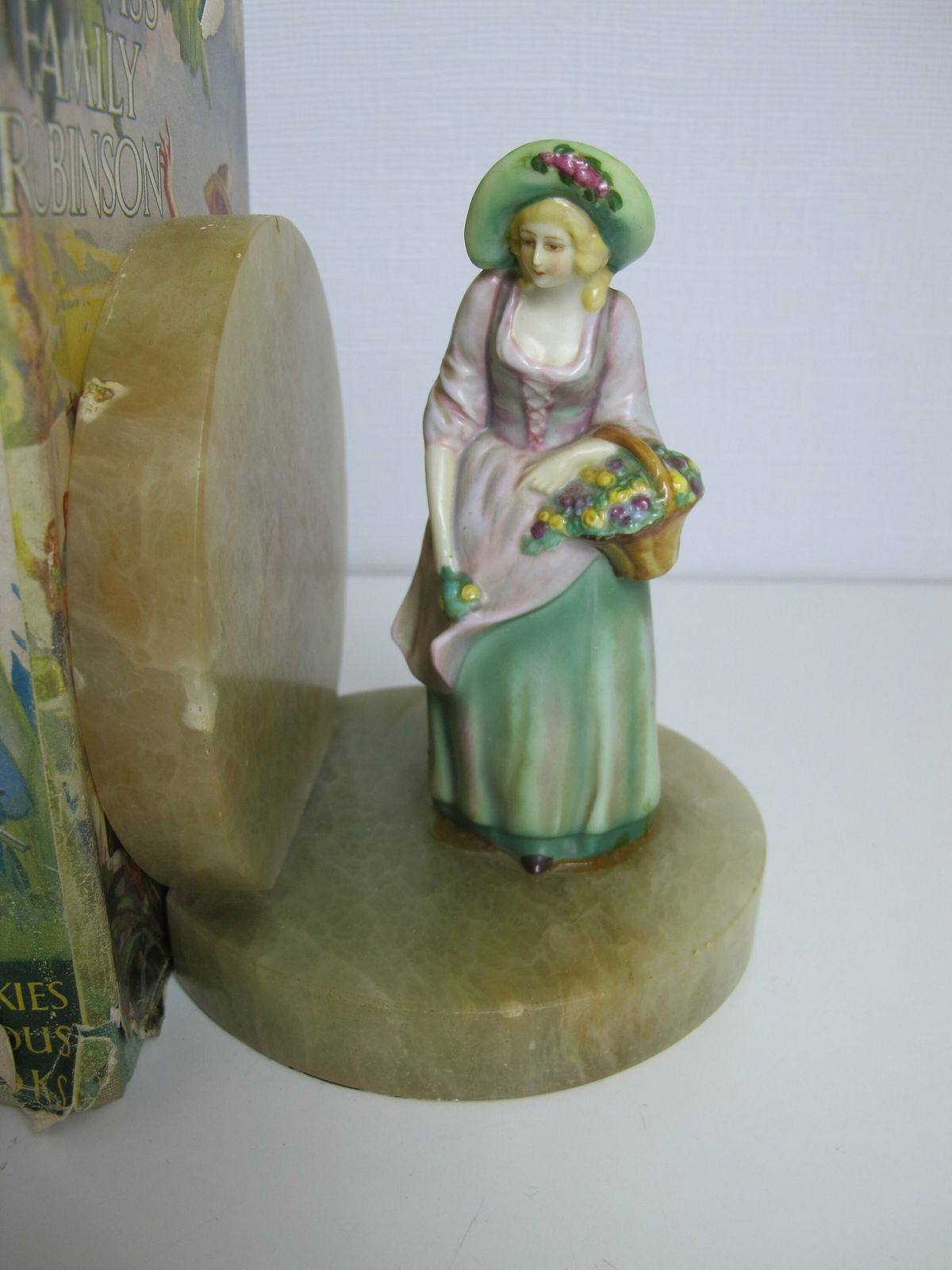 Vintage Ceramic And Marble Bookends. Ceramic Ladies   Flower Sellers With A Bonnet And Basket Of Flowers. Art Deco Bookends photo for sale