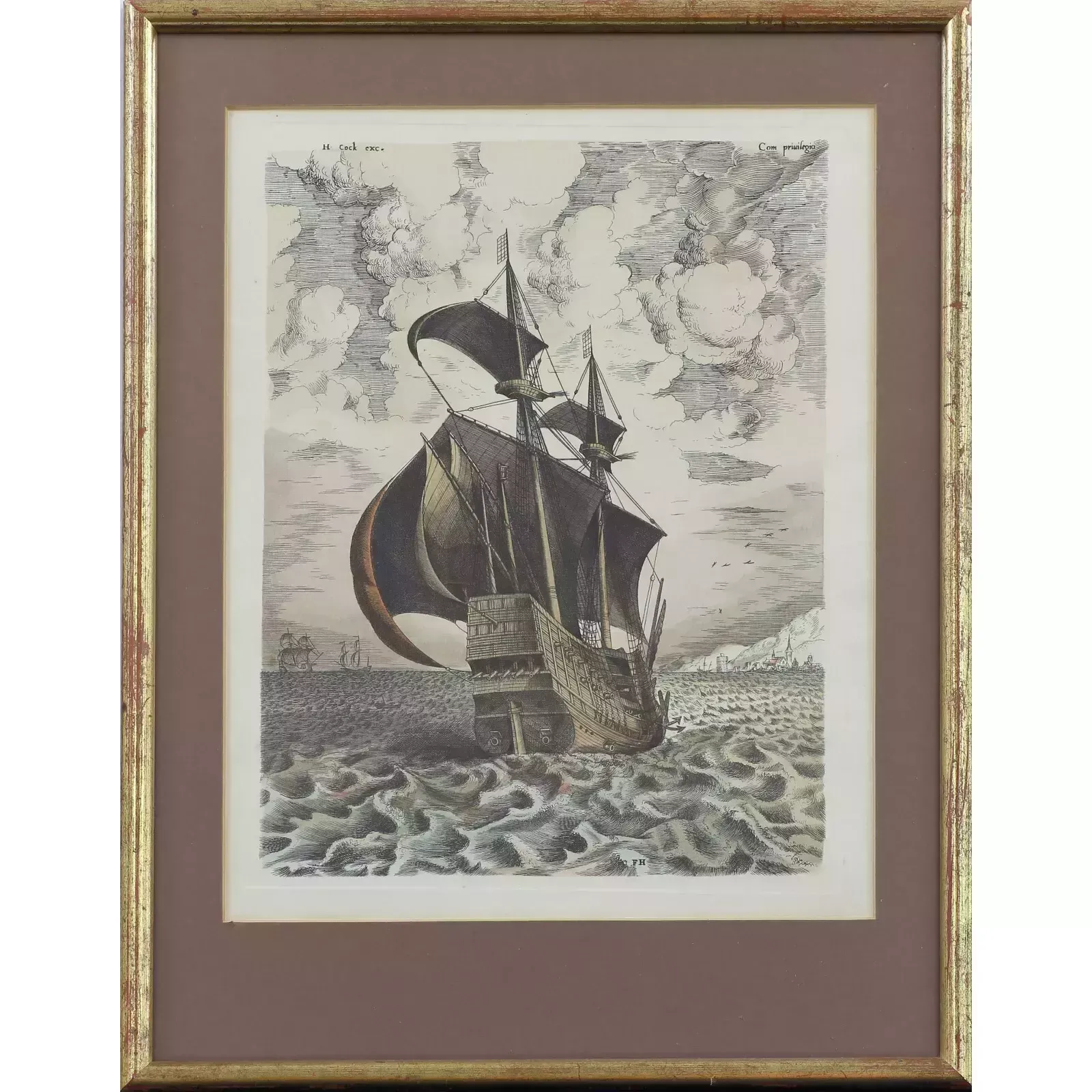 Hand Coloured Print By Frans Huys. Armed Four Master Sailing Towards A Port