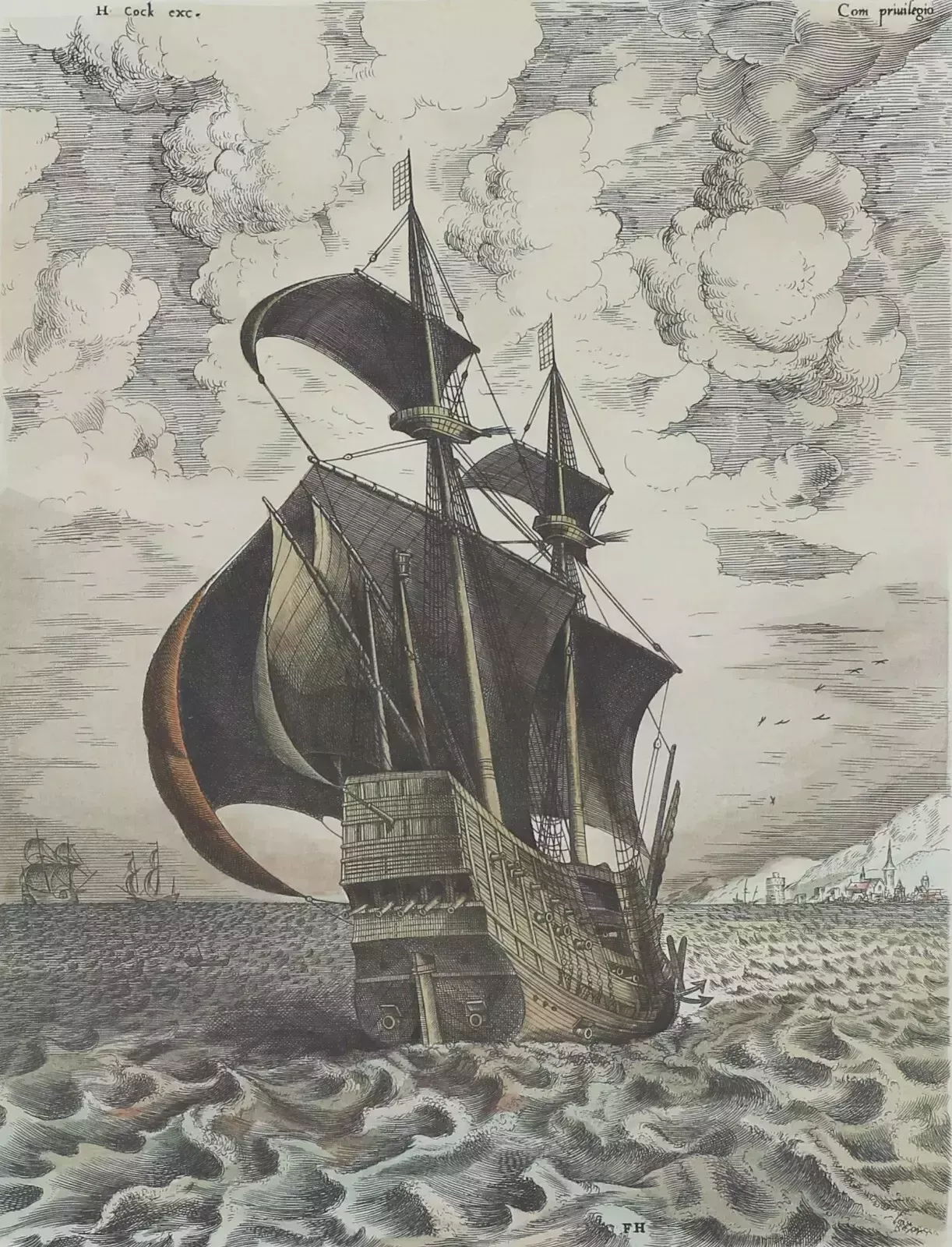 Hand Coloured Print By Frans Huys. Armed Four Master Sailing Towards A Port photo furniture