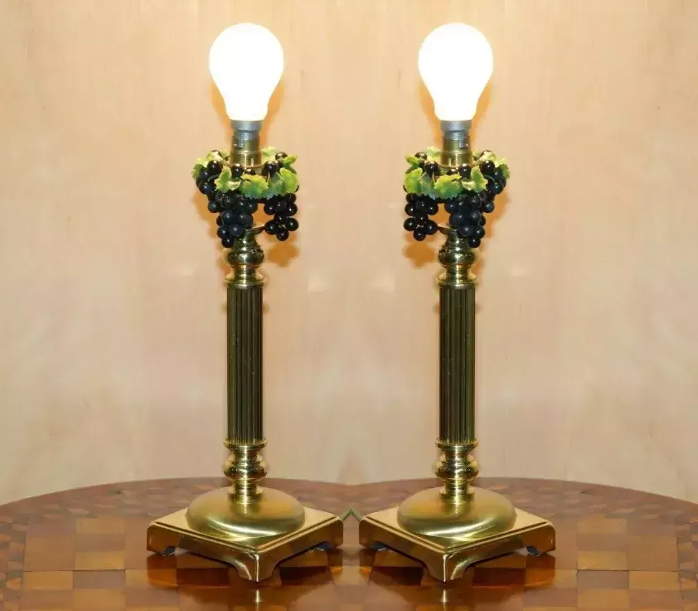 Pair Of Vintage Corinthian Pillar Brass Desk Lamps With Grape Vine Detailing