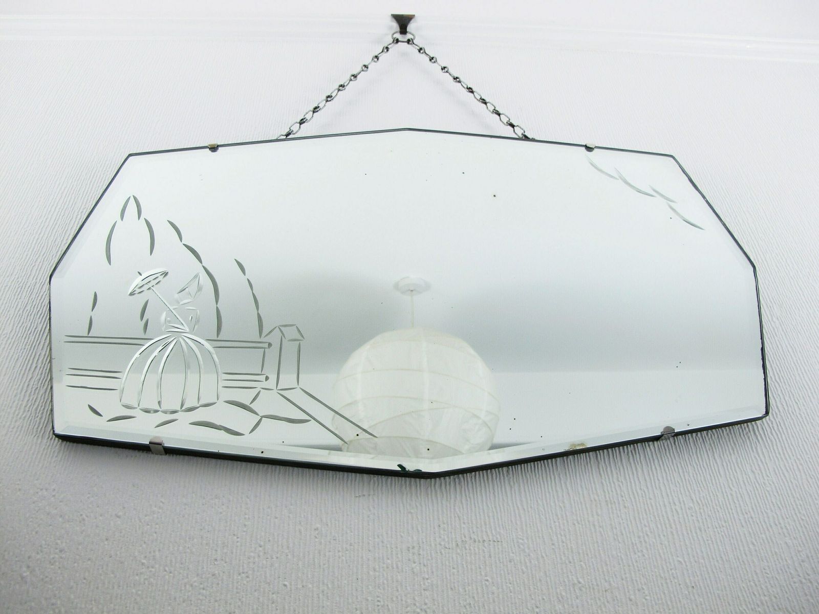 Wonderful Crinoline Lady, Cut Glass, Bevelled Edge Frame Less Art Deco Mirror. Ready To Hang On Original Visible Chain. photo furniture