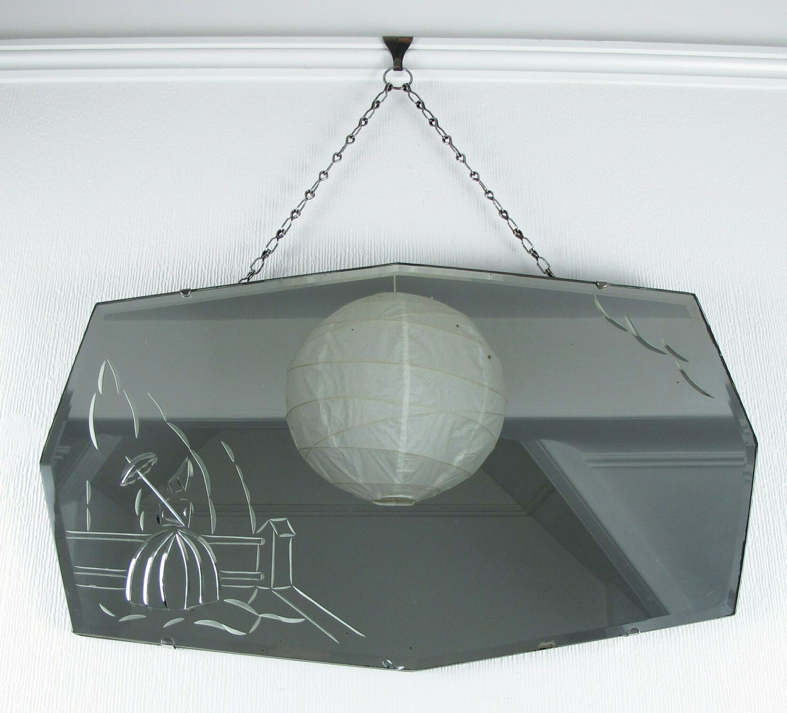 Wonderful Crinoline Lady, Cut Glass, Bevelled Edge Frame Less Art Deco Mirror. Ready To Hang On Original Visible Chain. photo for sale