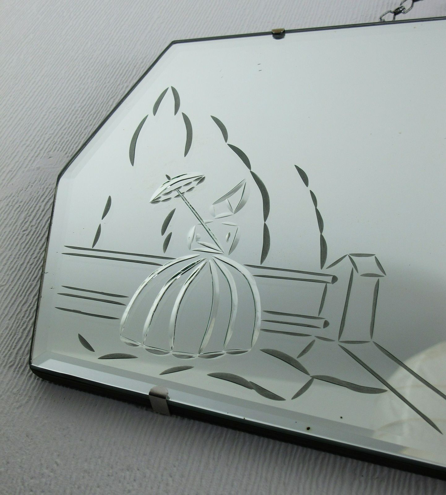Wonderful Crinoline Lady, Cut Glass, Bevelled Edge Frame Less Art Deco Mirror. Ready To Hang On Original Visible Chain. photo Home Decor