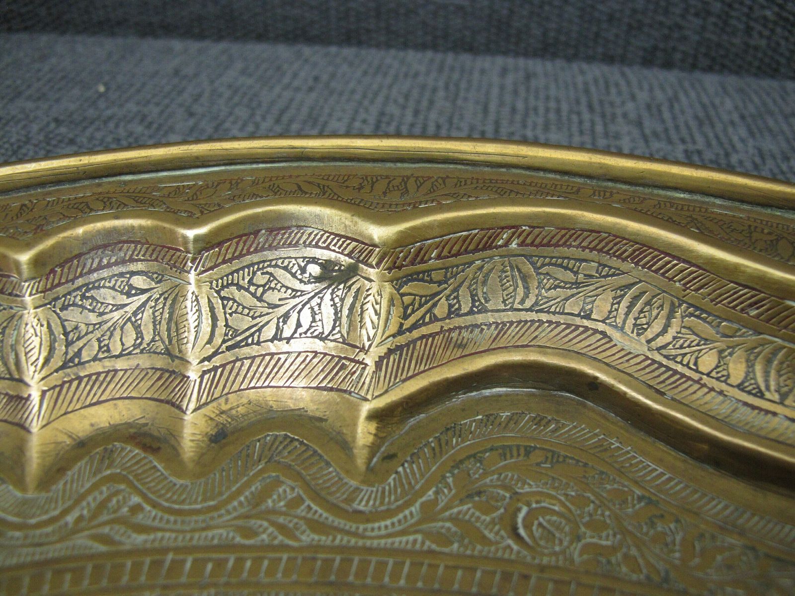 photo for sale Vintage Brass Tray. Round Tray Decorated With Flowers, Elephants, Deer, Birds And Fish. 14.75 Inches Diameter (37.5cm)