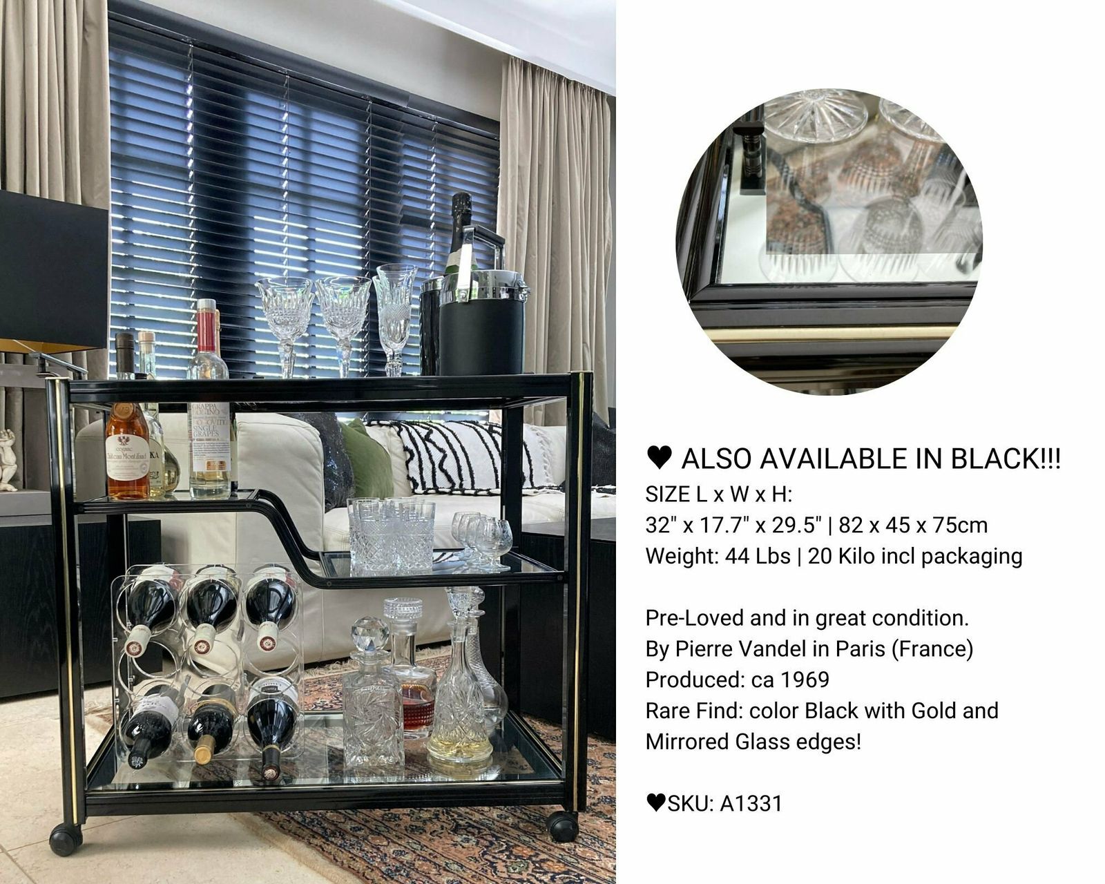 Pierre Vandel Bar Cart With Gold Tray | 20% Off!! | 3 Levels, Bottle Holder And Serving Tray | Paris 1960s photo vinterior