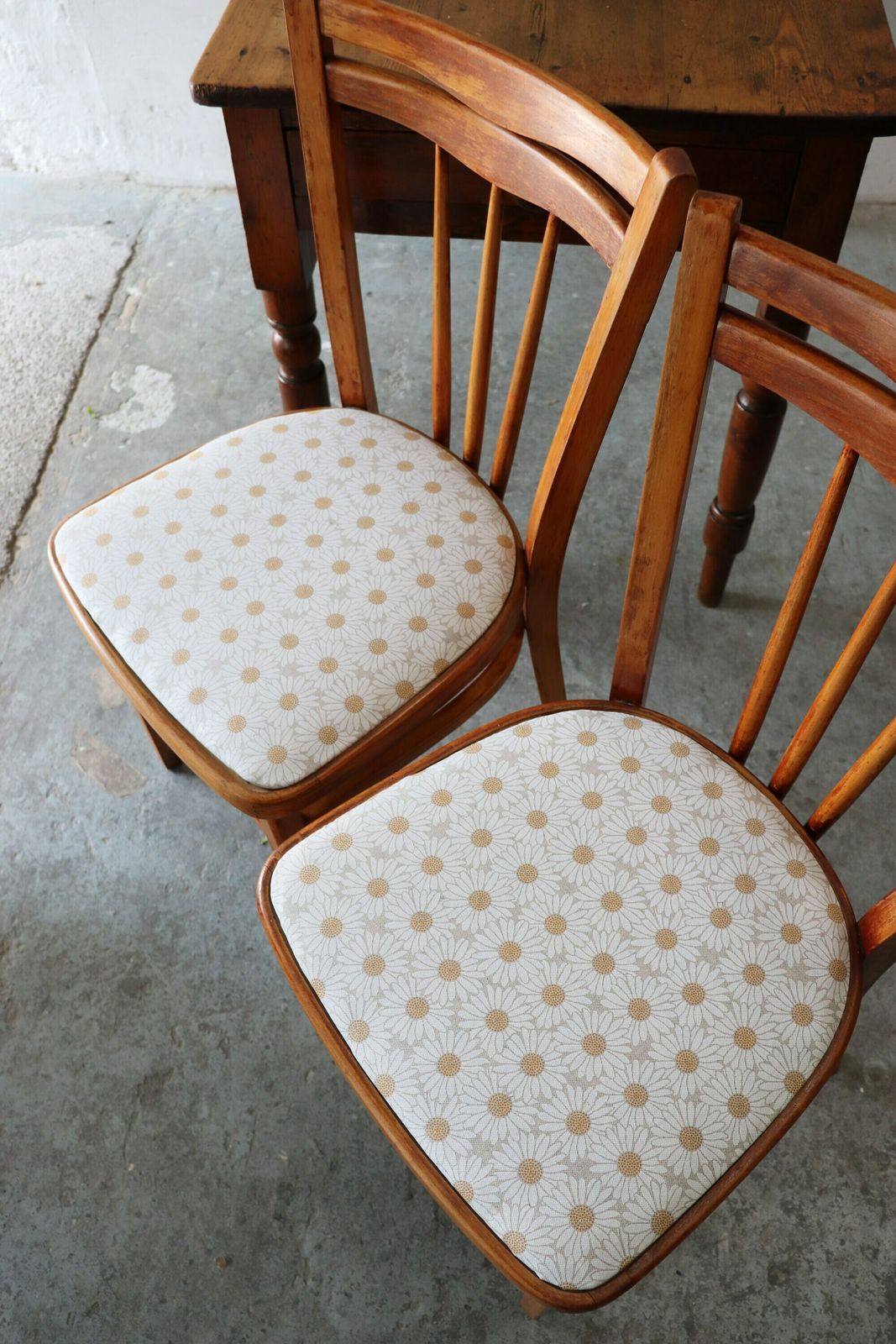 Pair Of Restored 60s Ercol Style Kitchen Chairs With Recovered Daisy Seats photo Furniture