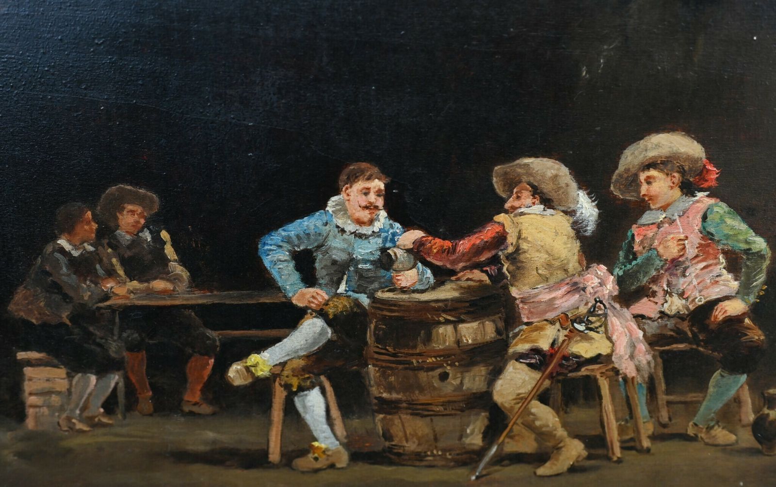 Antique French Oil Painting Tavern Scene Musketeers Signed J De Ninville Chiaroscuro photo 1250.0
