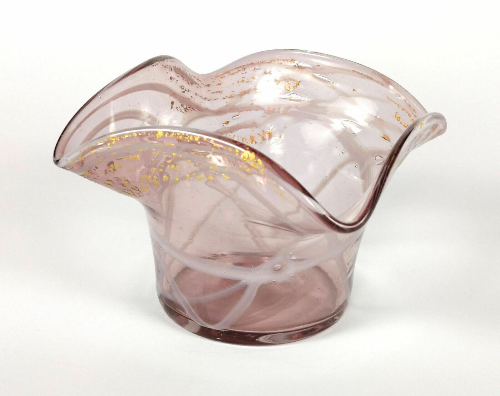 Pair Antique Salviati Murano Bubbly, Gold & Streaky Pink Glass Posy Bowls C.1900 photo furniture