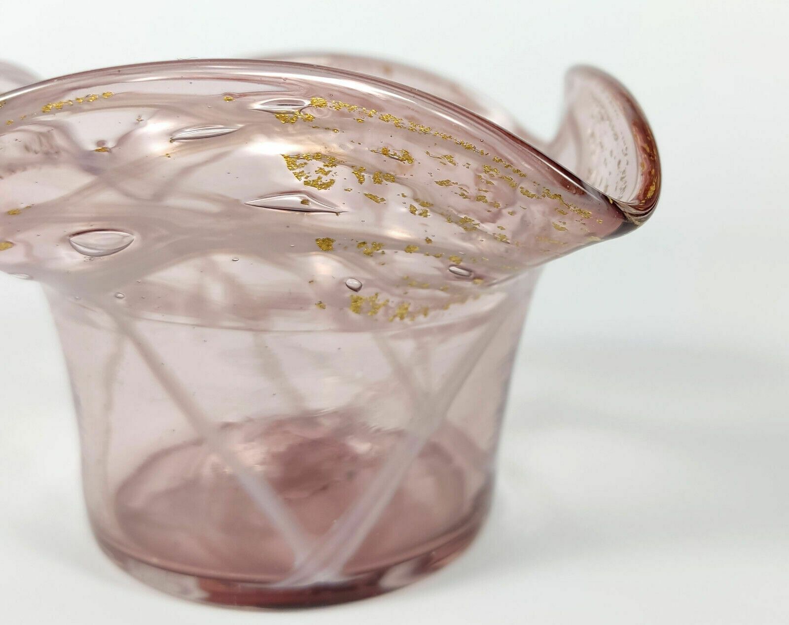 Pair Antique Salviati Murano Bubbly, Gold & Streaky Pink Glass Posy Bowls C.1900 photo for sale