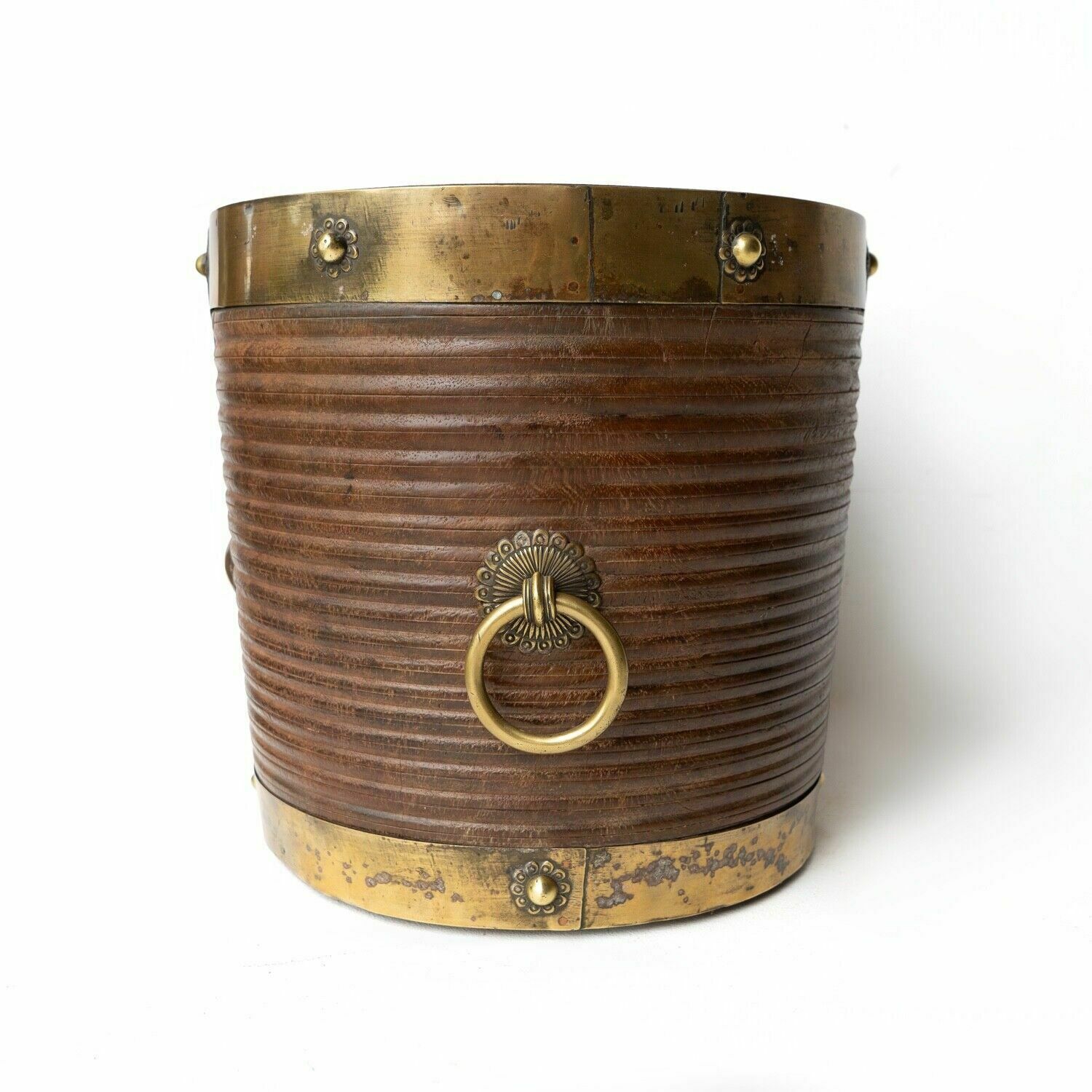 Antique South Indian Teak And Brass Rice Bucket Container, 19th Century photo vinterior