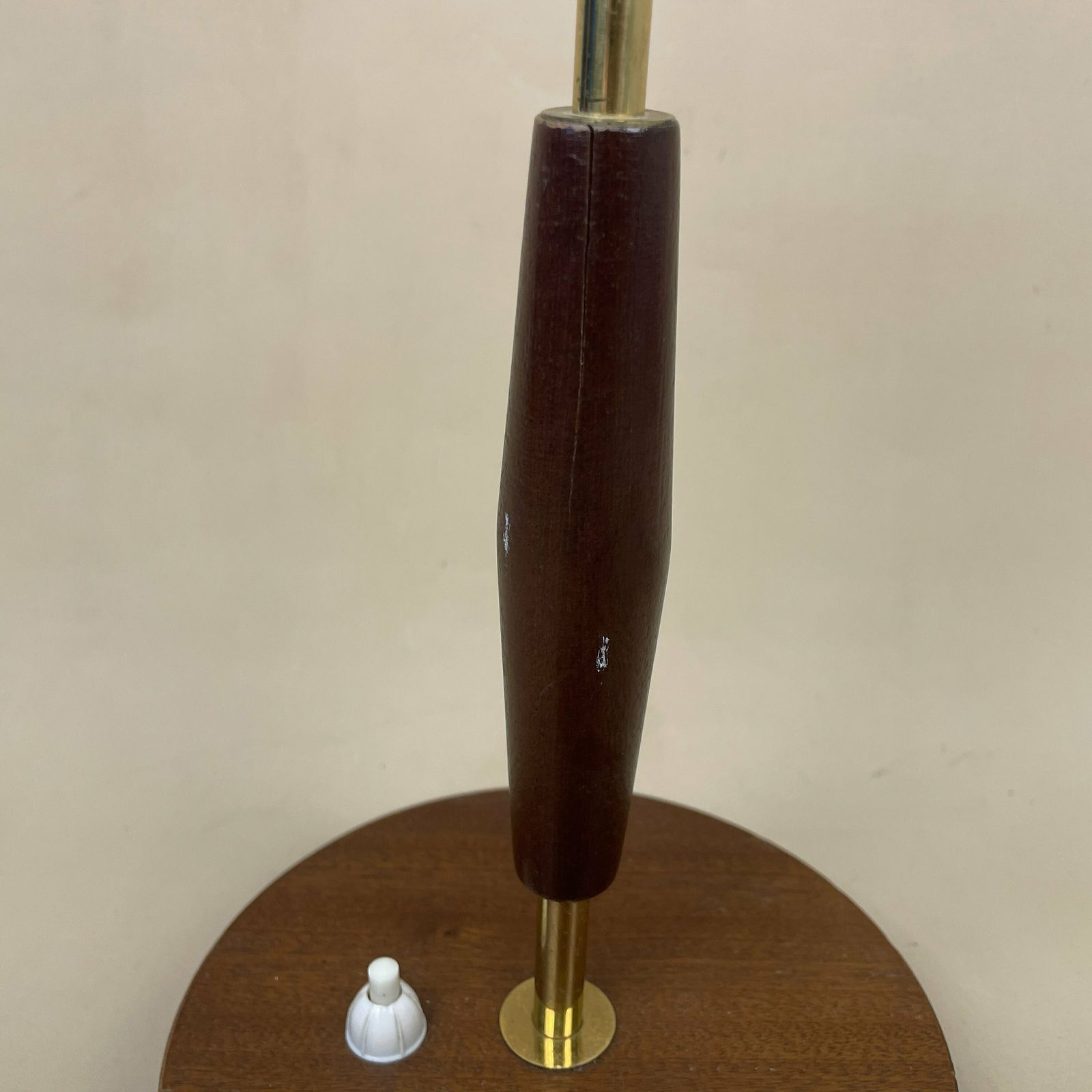 Antique Wooden Lamp Light Bedside Side Table Desk Column Round Base Vintage Brown Retro Vintage Decor Wood Switch Gold Brass Trims photo 65.0