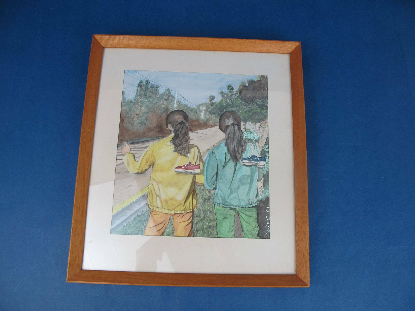 Vintage Signed Original Watercolour Painting Of Two Teenage Hitch Hikers. Great Quirky Image From 1981 photo vintage