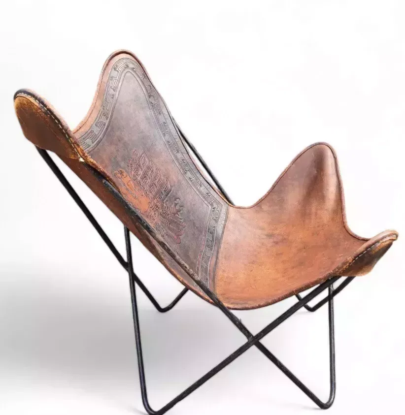Rare Mid Century South American Tooled Leather Butterfly Chair photo furniture
