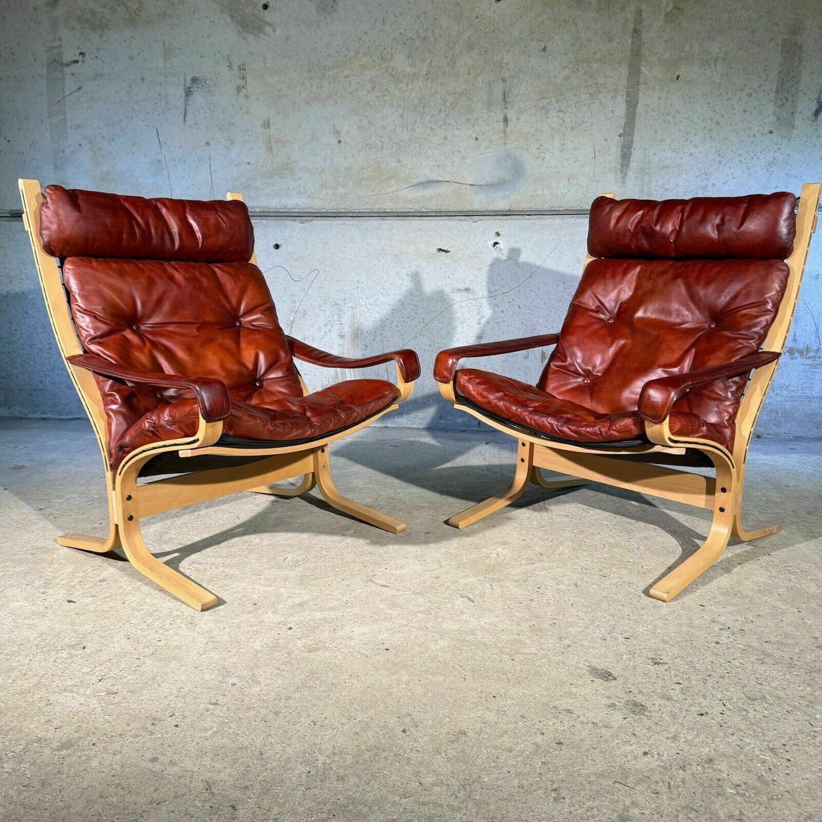 ( One Sold ) Pair Of Siesta Armchairs & 2 Footstool Cognac Leather Ingmar Relling photo for sale