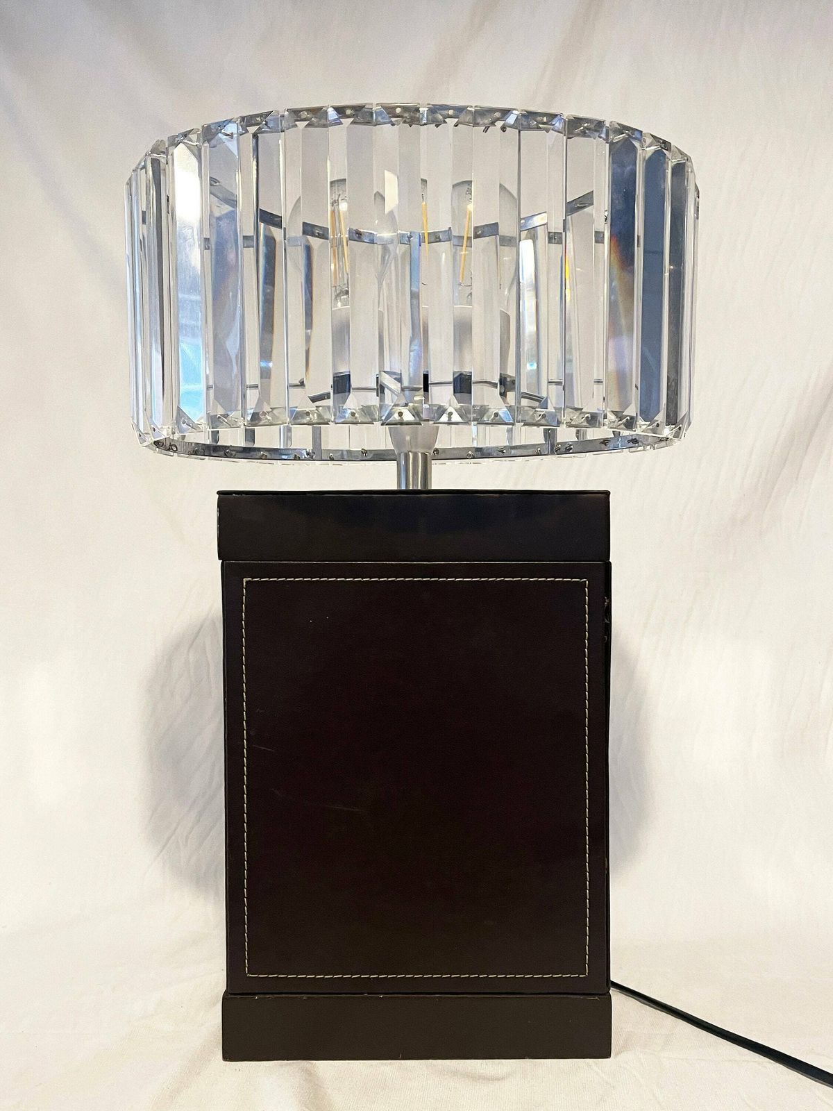 Antique Pair Of Large Crystal Glass Art Deco And Chrome Oval Lampshades