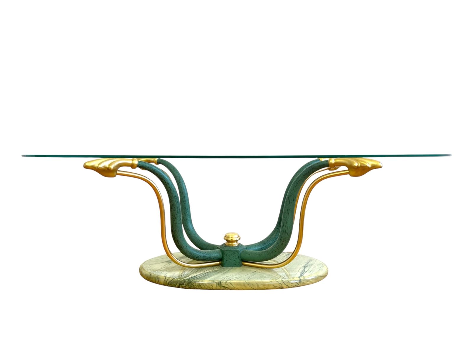1960s Art Deco Brass Glass And Marble Oval Coffee Table photo for sale
