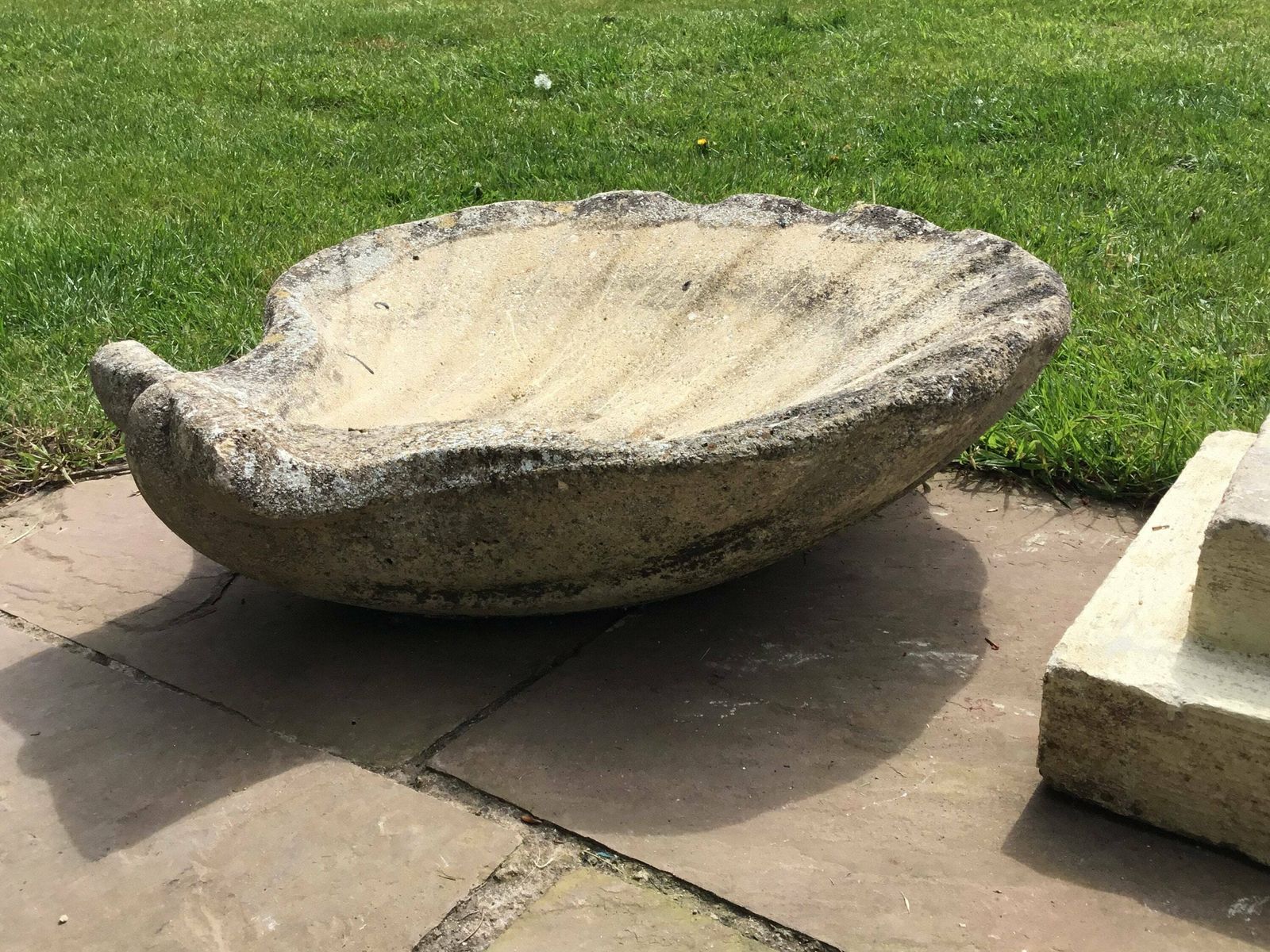 photo for sale Stunning Vintage Pair Of Reconstituted Stone Scallop Shaped Planters On Stands