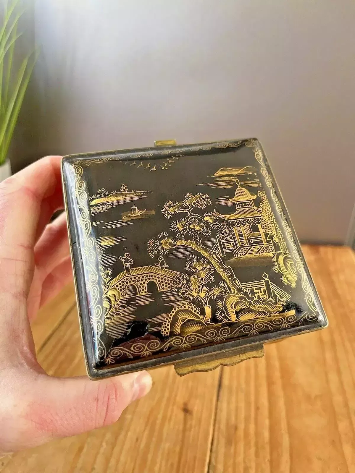 Antique Porcelain Black & Gold Chinoiserie Oriental Hinged Lid Box Thomas Goode photo furniture
