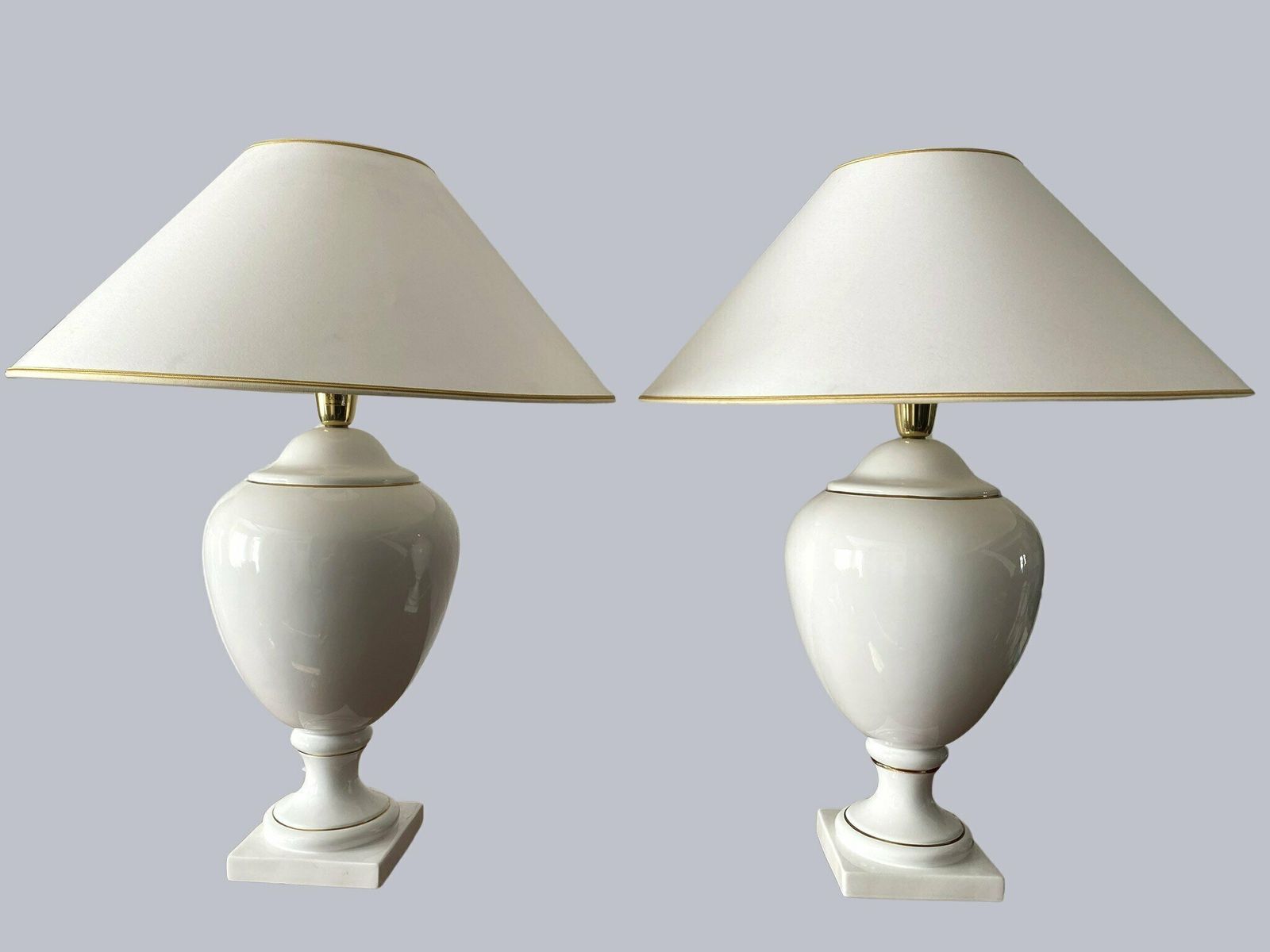 Pair Of White & Gold Ceramic Table Lamps & Shades By Stefano Cevoli, Italian, 1980s photo 980.0
