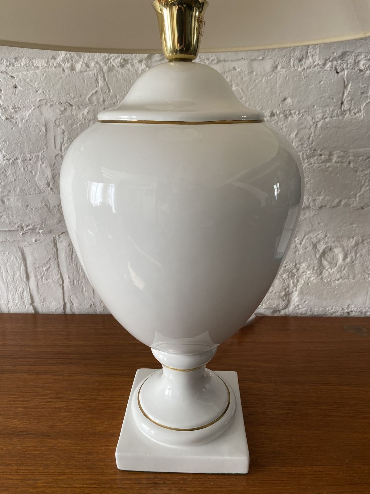 980.0 Pair Of White & Gold Ceramic Table Lamps & Shades By Stefano Cevoli, Italian, 1980s photo