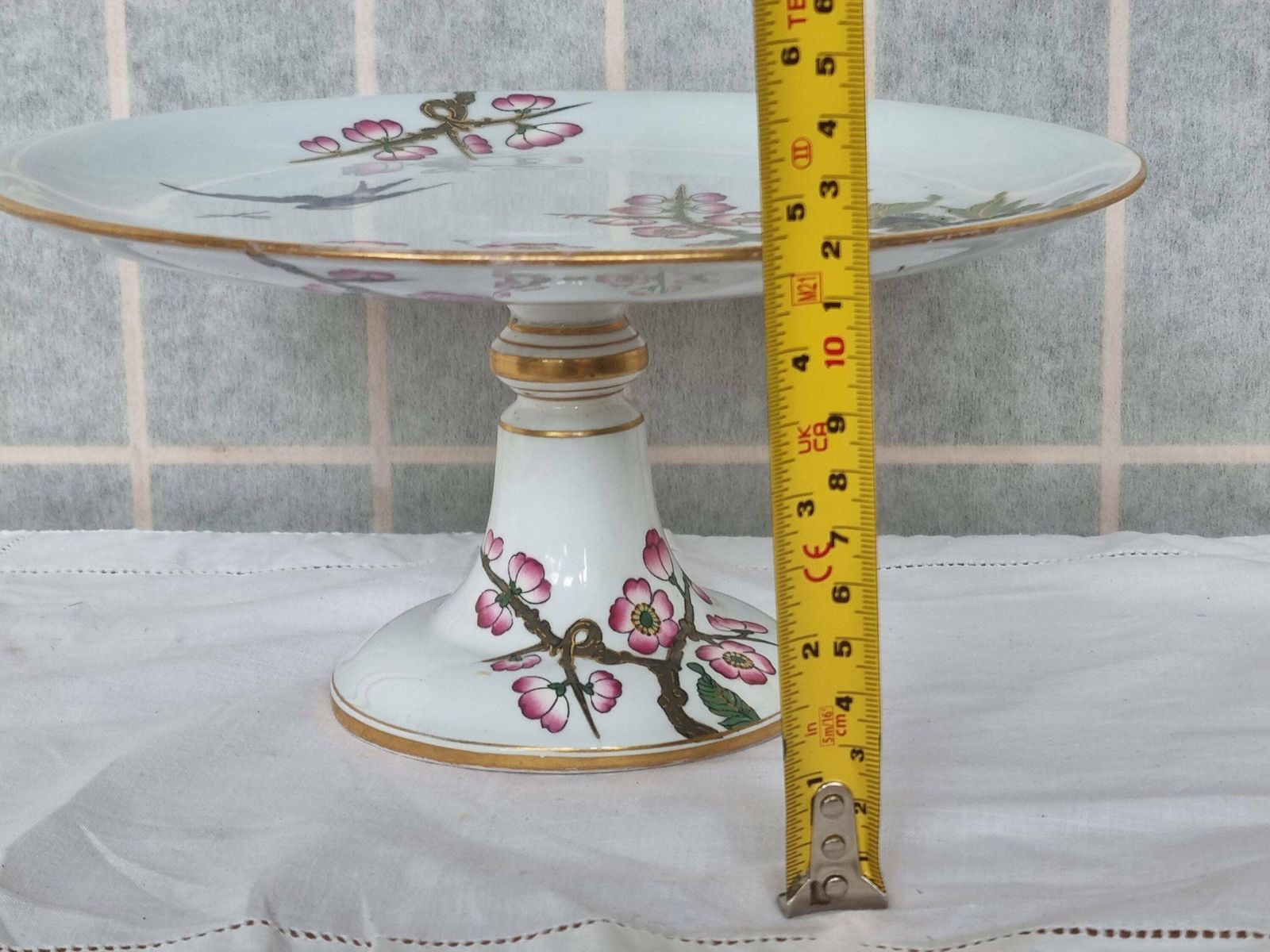 Antique Chinoiserie Cake Stand | Hand Painted Cherry Blossom Bird Porcelain Pedestal Plate | Gold Trim Asian Tazza Serving Platter photo for sale