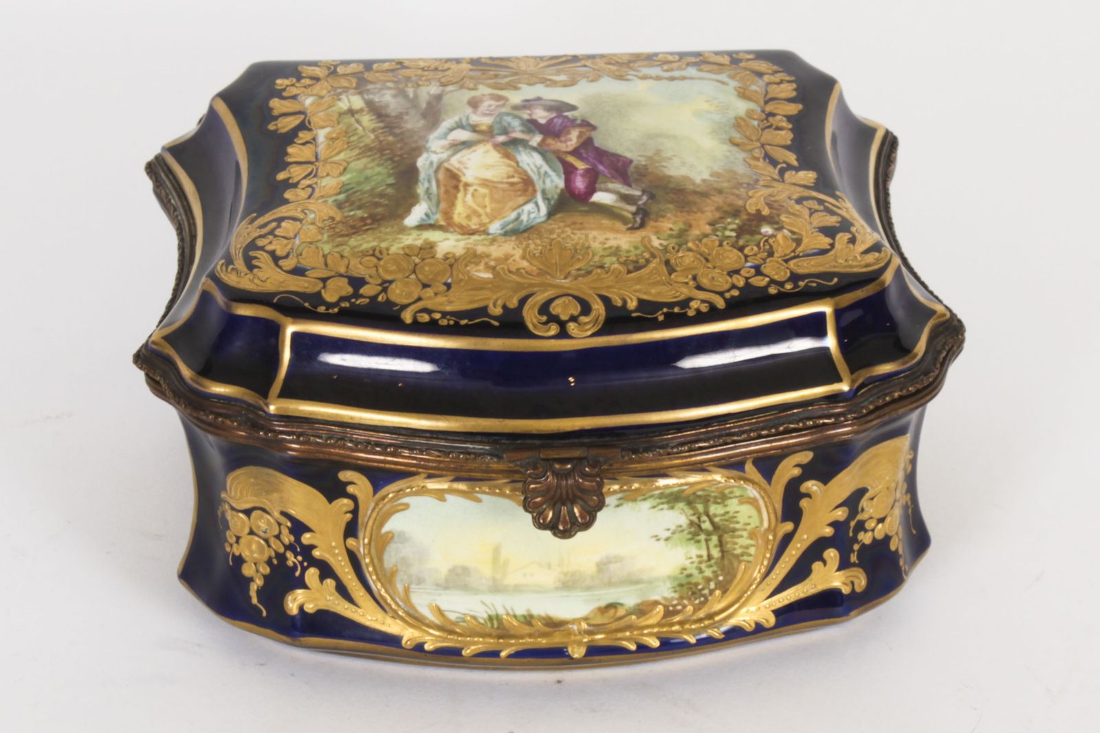Antique French Sevres Cobalt Blue Porcelain Jewellery Casket 19th C photo for sale