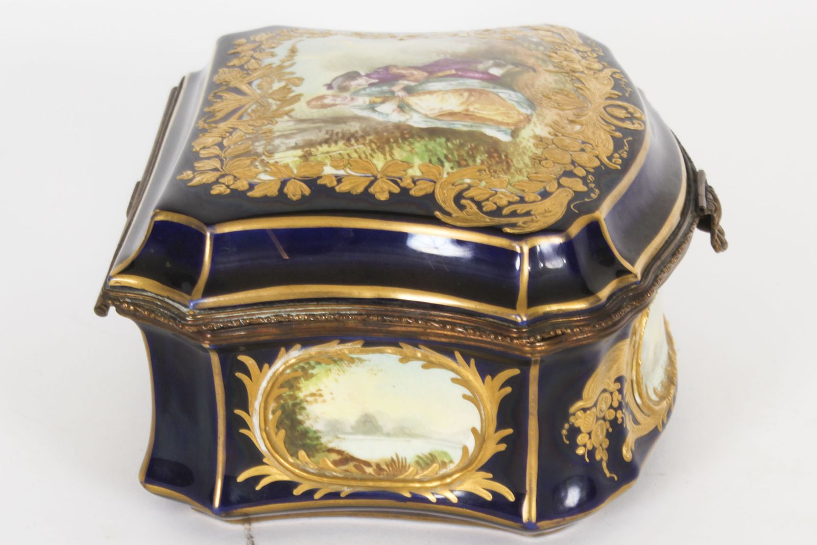 Antique French Sevres Cobalt Blue Porcelain Jewellery Casket 19th C photo vintage