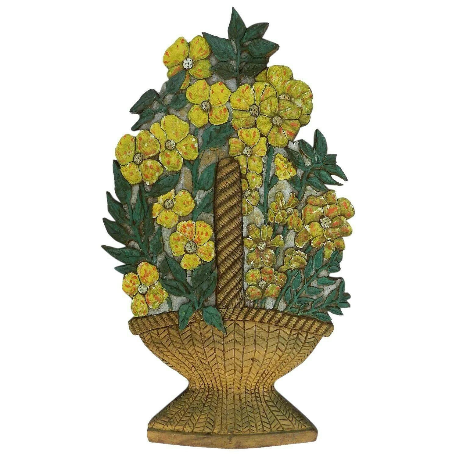 Art Deco Carved Wood Wall Placque Flower Basket French Signed