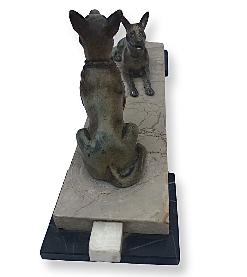 Gorgeous Art Deco Cold Painted Spelter Alsatians Seated On A Marble Base