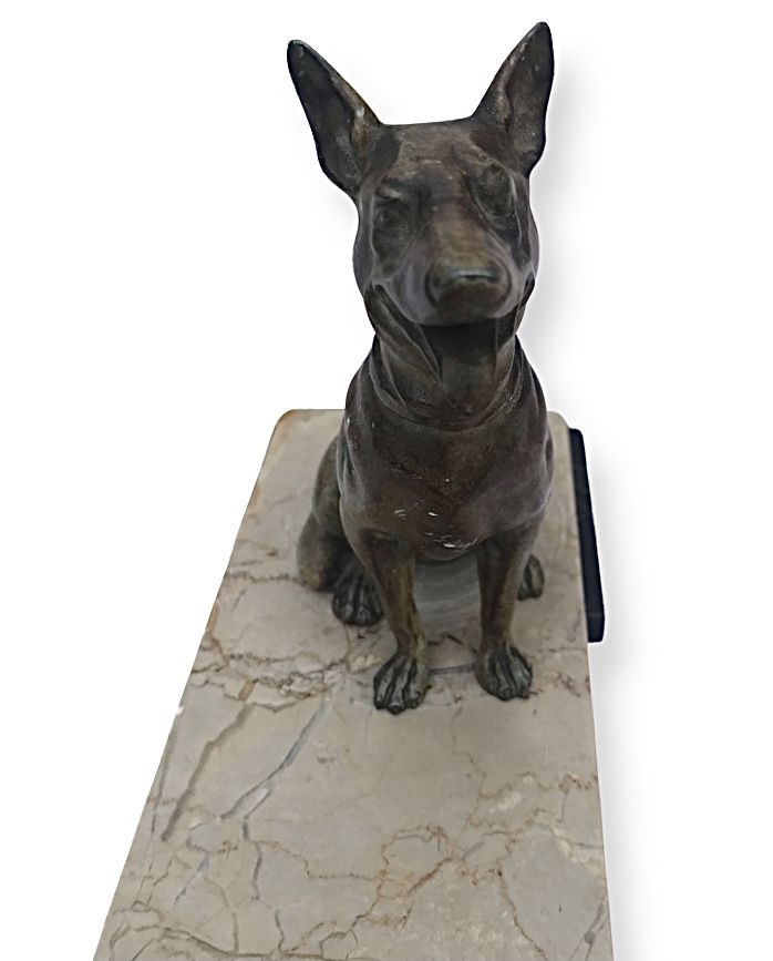 Gorgeous Art Deco Cold Painted Spelter Alsatians Seated On A Marble Base photo for sale